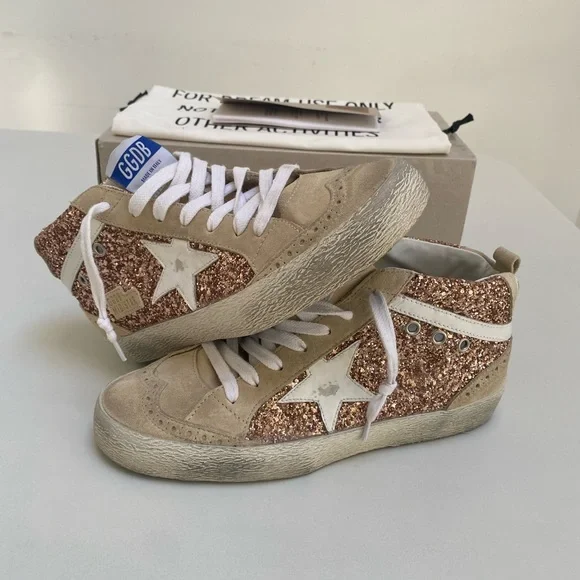 Golden Goose Mid Star Sneaker Rose Gold Glitter/Beige Leather/Suede 39 New Box - Picture 10 of 15